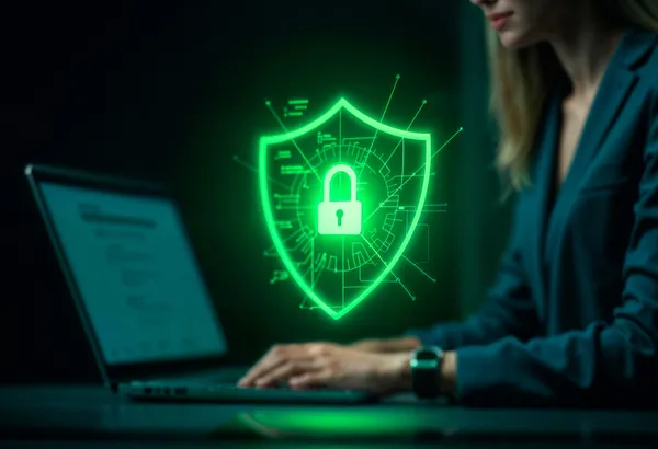 Security Volwassenheidsscan Groen schild met hangslot boven een laptop